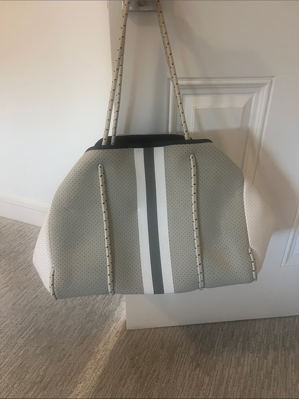HAUTE SHORE Neoprene Tote in White and Gray with Center Stripes